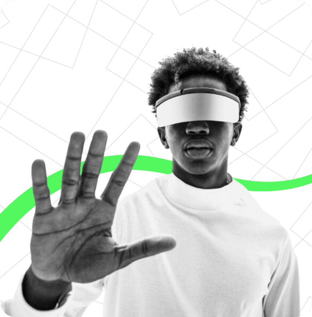 Person with VR headset extending hand